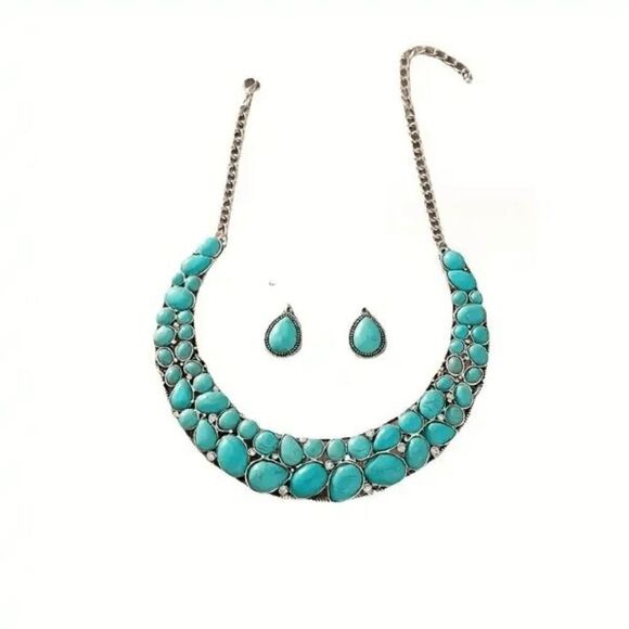 Western Boho Silver Diamond Turquoise Necklace and Earring Set - Picture 3 of 5